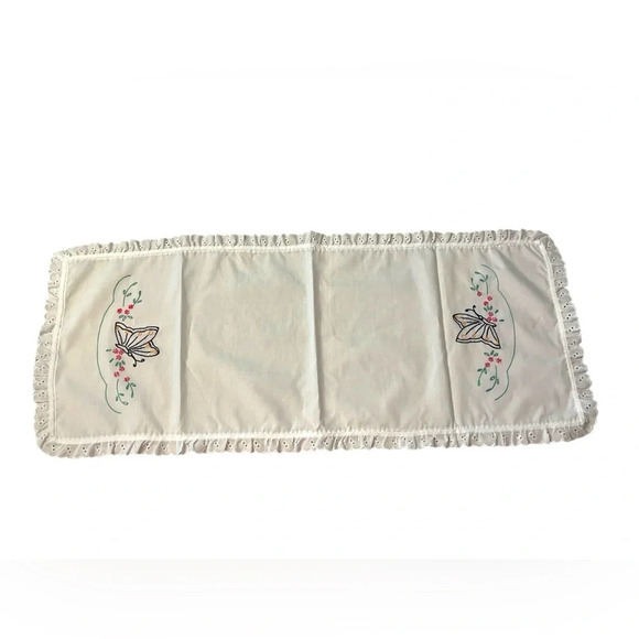 Vintage Hand Embroidered Butterfly Table Runner Floral Lace Dresser Scarf - Picture 1 of 5